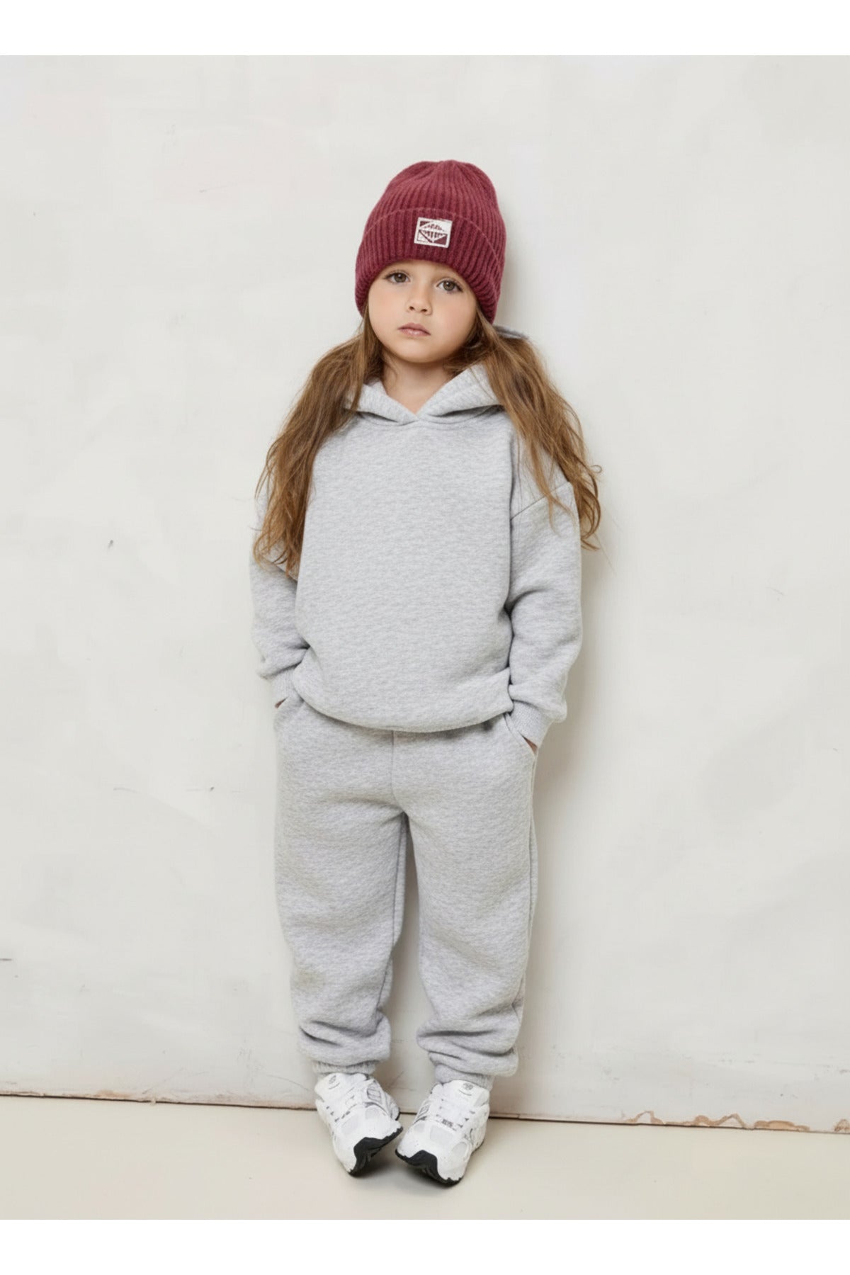 Çocuk Unisex 3 İ̇pli̇k Şardonlu Kalin Rahat Kesi̇m Eşofman Takimi - Gri Melanj - 1