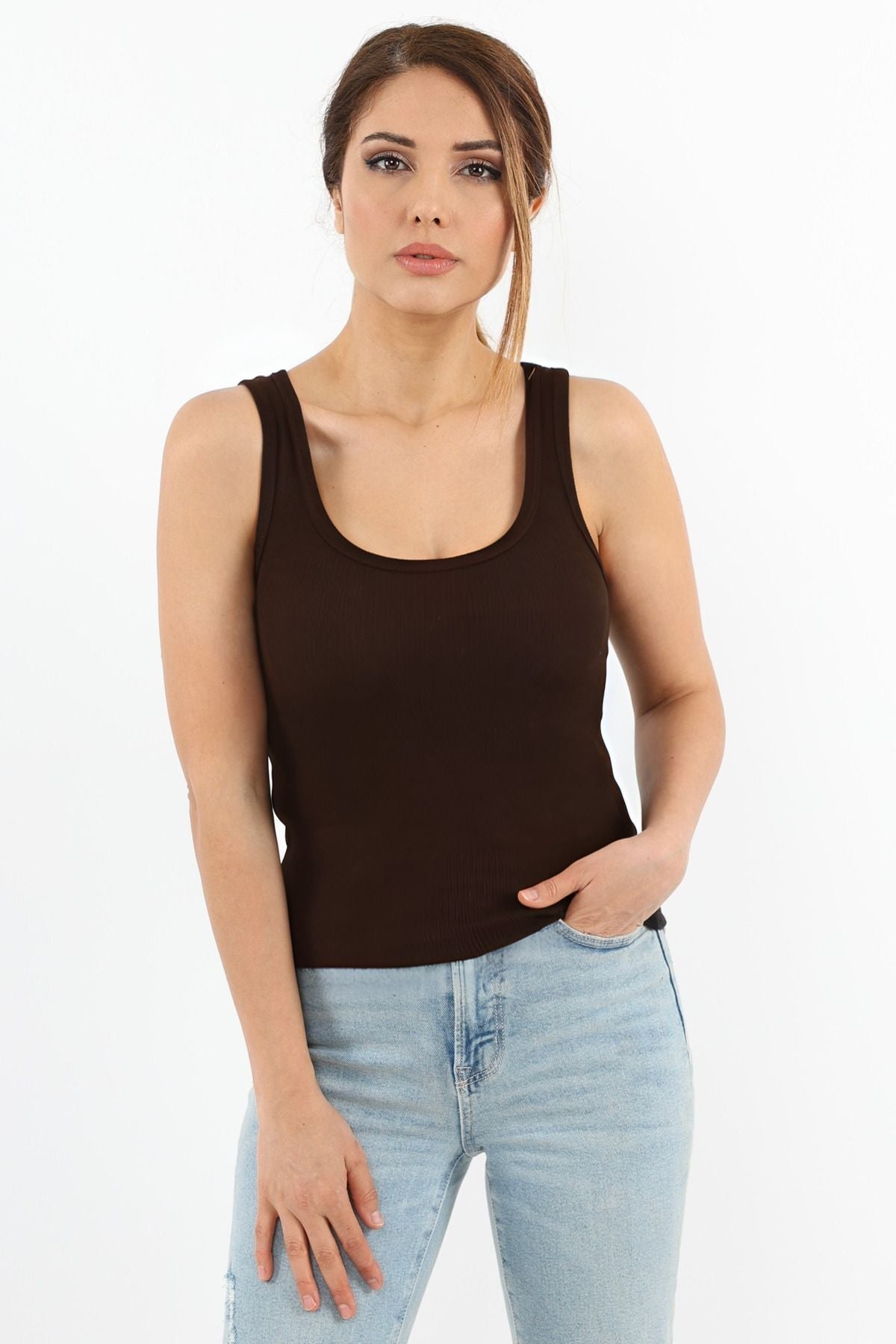 Kadın Kahverengi̇ Fitilli Kalın Askılı Basic Örme Atlet - Kahverengi - 3
