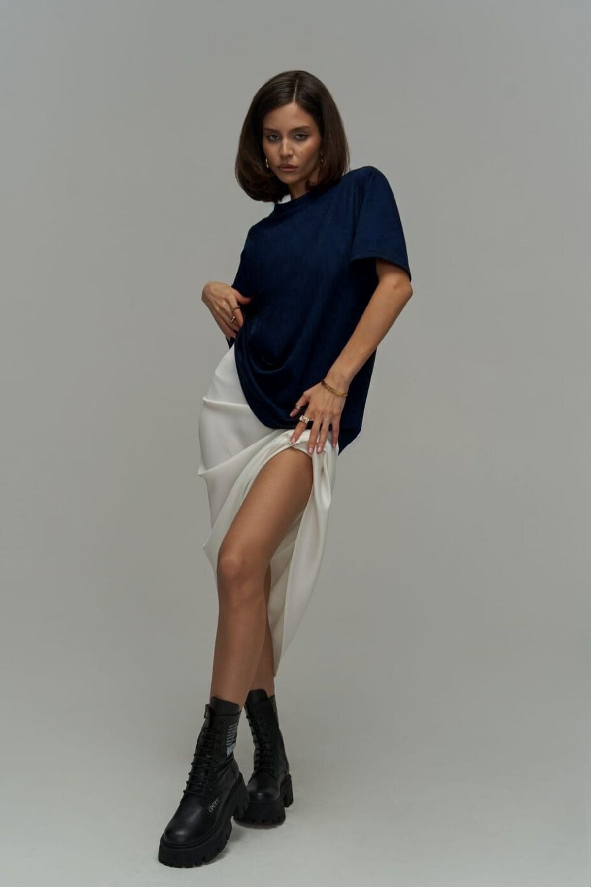 Kadın Lacivert Batik Oversize Kısa Kollu Cool T-shirt - Lacivert - 3
