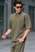 Erkek Oversize Penye Nefes Alan T-shirt - Haki - 3