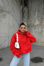 Kadin Kirmizi 3 İ̇pli̇k Oversi̇ze Rahat Günlük Yumuşak Kapüşonlu Sweatshirt - Kırmızı - 1