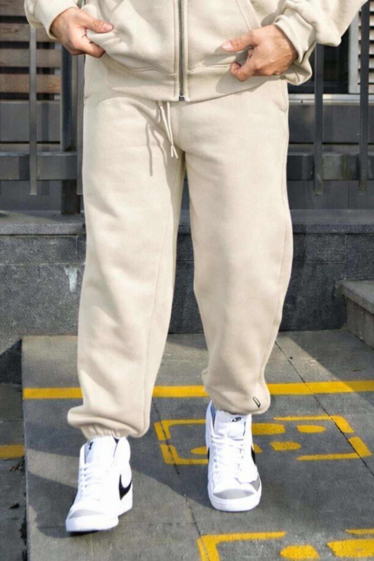 Erkek Paçası Lastikli Basic Jogger Eşofman Altı - Bej - 2