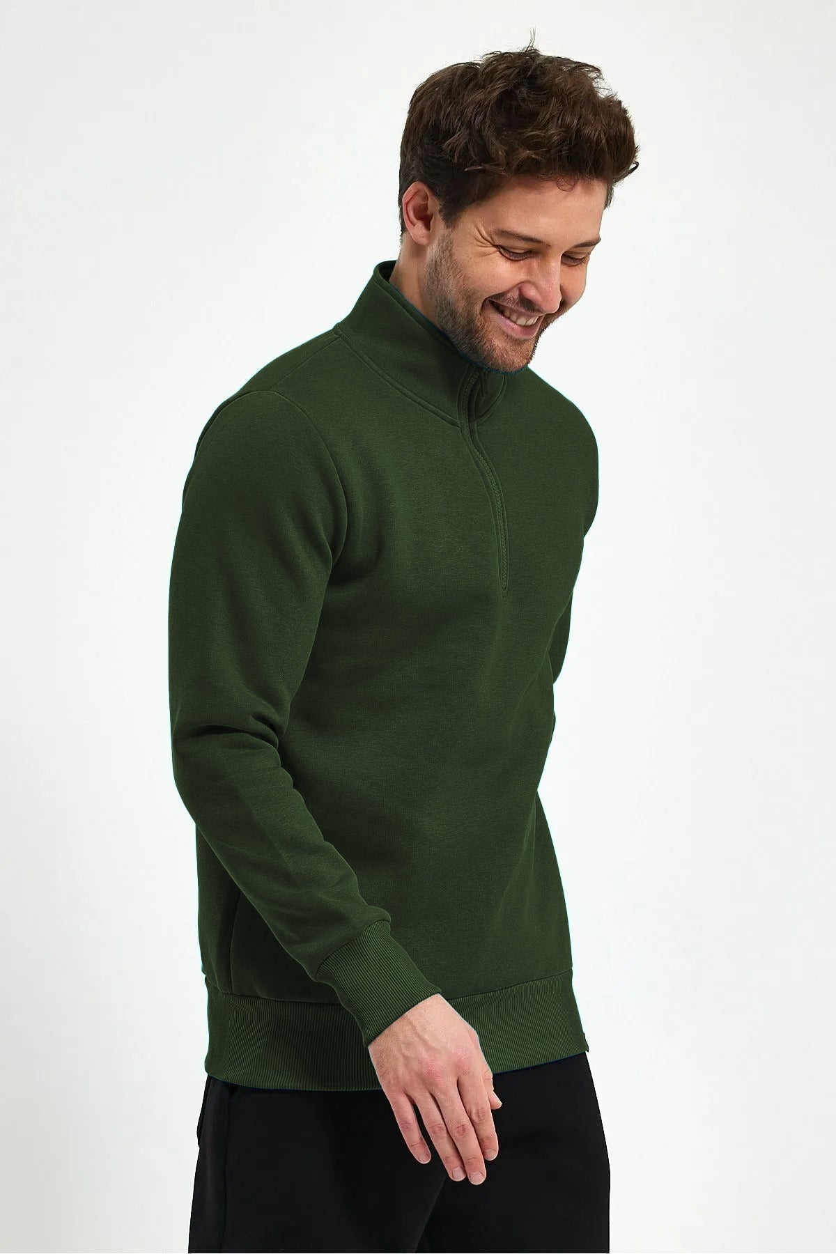 Erkek Yarım Fermuar Dik Yaka Uzun Kollu 3 İ̇plik Sweatshirt - Koyu Yeşil - 2