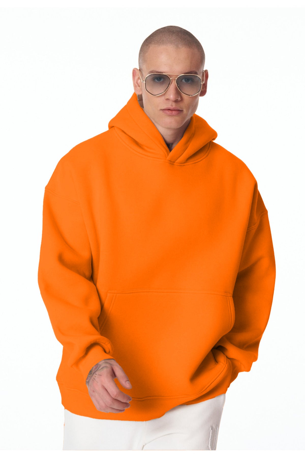 Erkek Bol Kesim Oversize 3 İ̇plik İ̇çi Pamuklu Şardonlu Kanguru Cep Kapşonlu Kışlık Hoodie Sweatshirt - Turuncu - 1