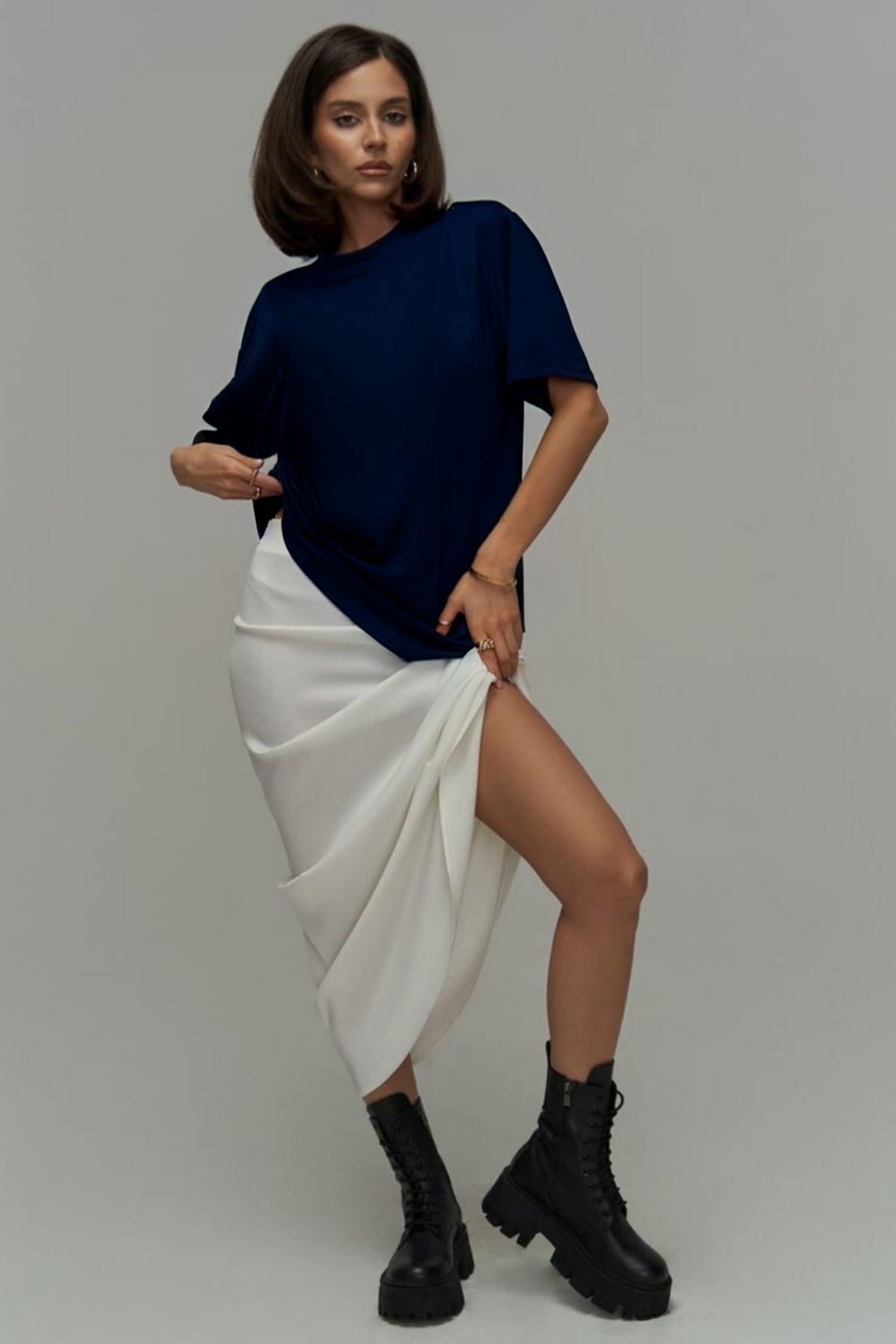 Kadın Lacivert Batik Oversize Kısa Kollu Cool T-shirt - Lacivert - 1