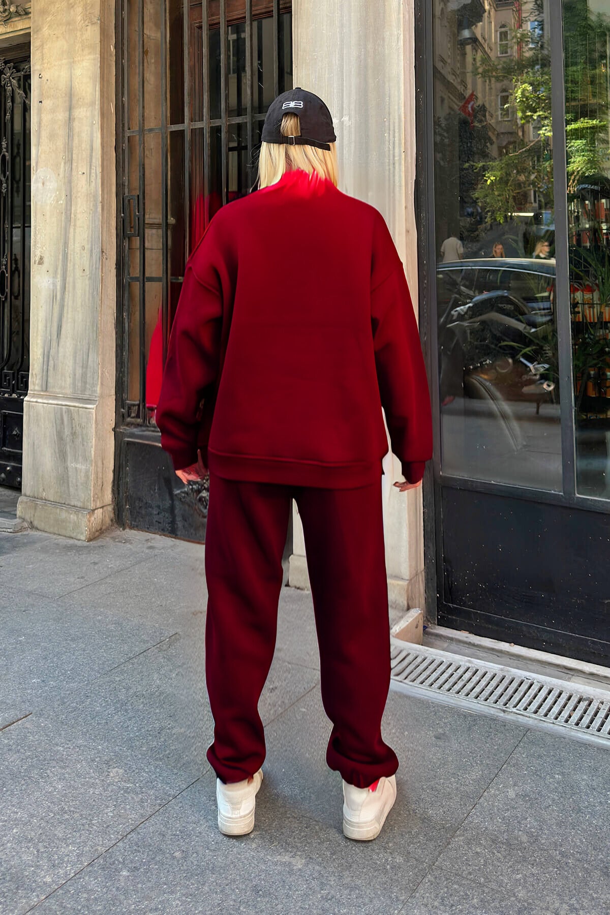 Kadın Oversize Puf Geniş Kalıp Basic Pamuklu Mevsimlik Rahat Eşofman Takımı - Bordo - 3