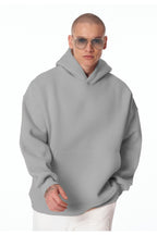 Erkek Bol Kesim Oversize 3 İ̇plik İ̇çi Pamuklu Şardonlu Kanguru Cep Kapşonlu Kışlık Hoodie Sweatshirt - Gri - 1