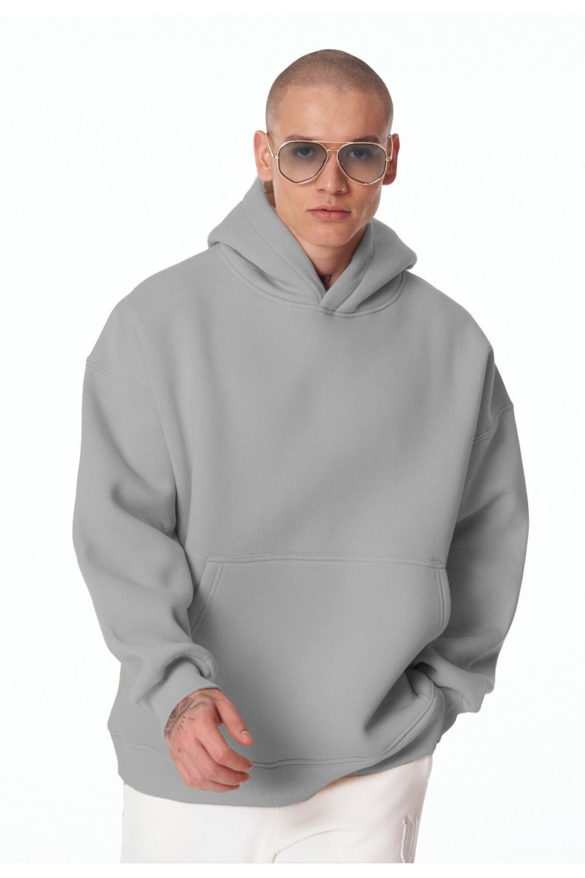 Erkek Bol Kesim Oversize 3 İ̇plik İ̇çi Pamuklu Şardonlu Kanguru Cep Kapşonlu Kışlık Hoodie Sweatshirt - Gri - 1