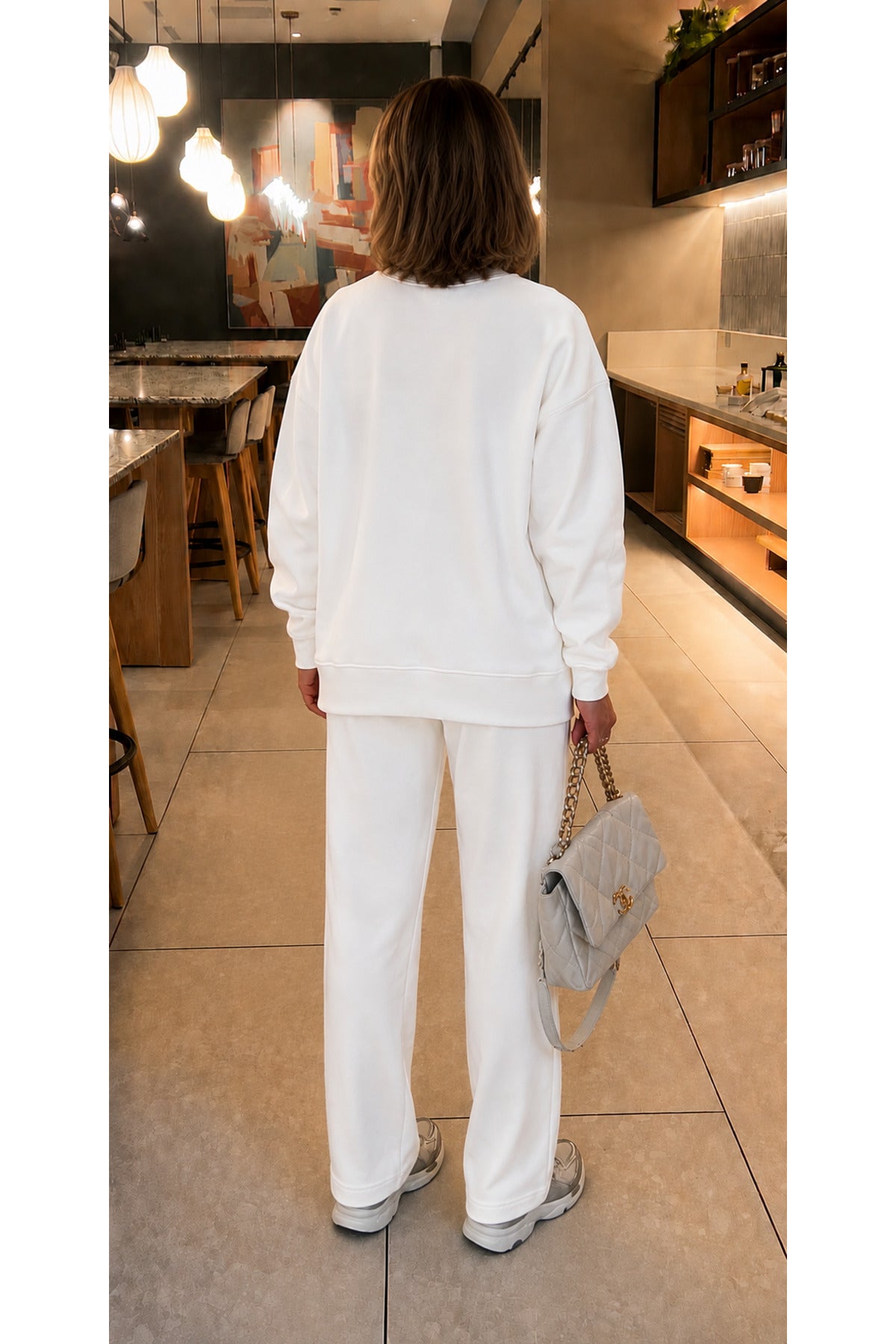 Kadin 3 İ̇pli̇k Bi̇si̇klet Yaka Sweatshirt Eşofman Takimi - Beyaz - 4