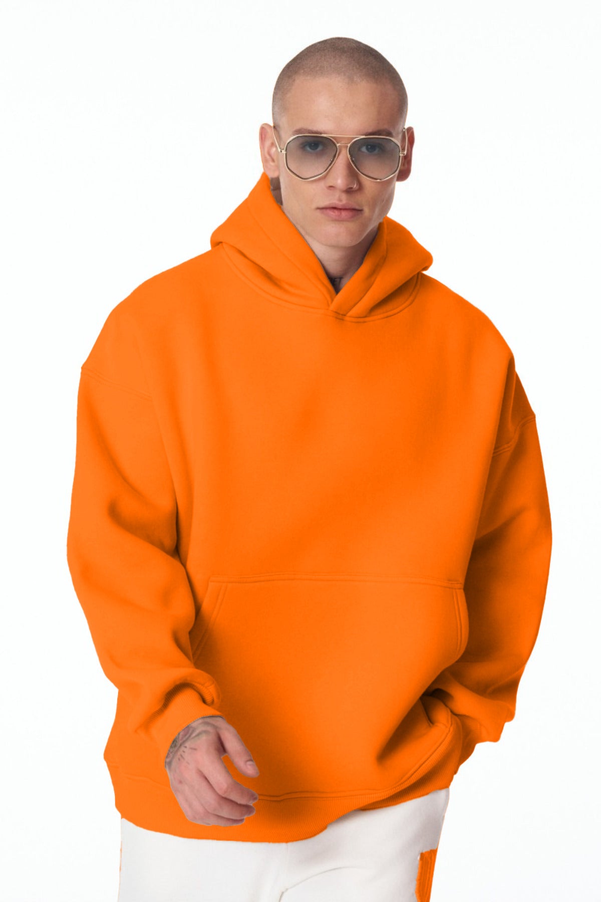 Erkek Bol Kesim Oversize 3 İ̇plik İ̇çi Pamuklu Şardonlu Kanguru Cep Kapşonlu Kışlık Hoodie Sweatshirt - Turuncu - 3