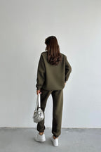 Kadın Oversize Geniş Kalıp Basic Pamuklu Eşofman Takıım - Haki - 2