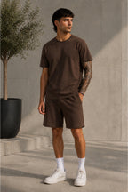 Erkek Oversize Basic Şortlu Bisiklet Yaka Yazlık İ̇kili Takım - Kahverengi - 1