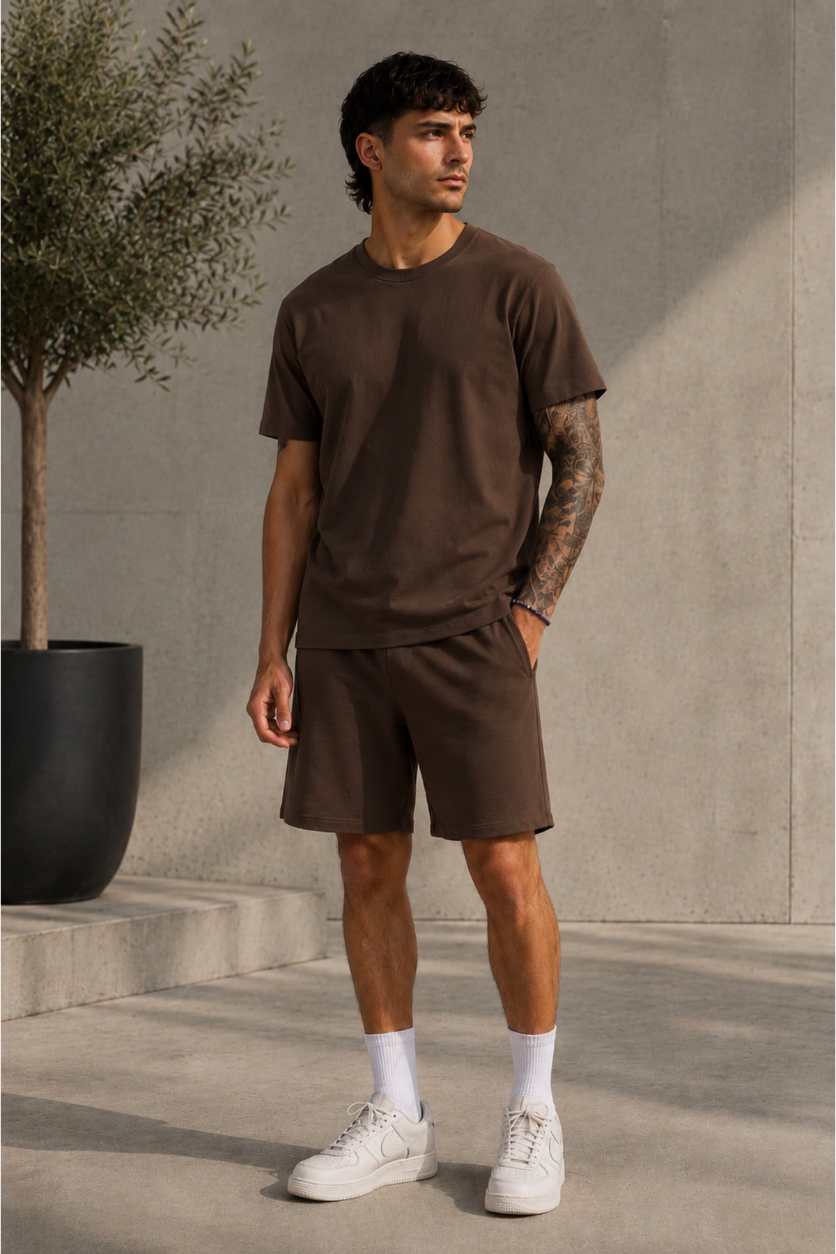Erkek Oversize Basic Şortlu Bisiklet Yaka Yazlık İ̇kili Takım - Kahverengi - 1