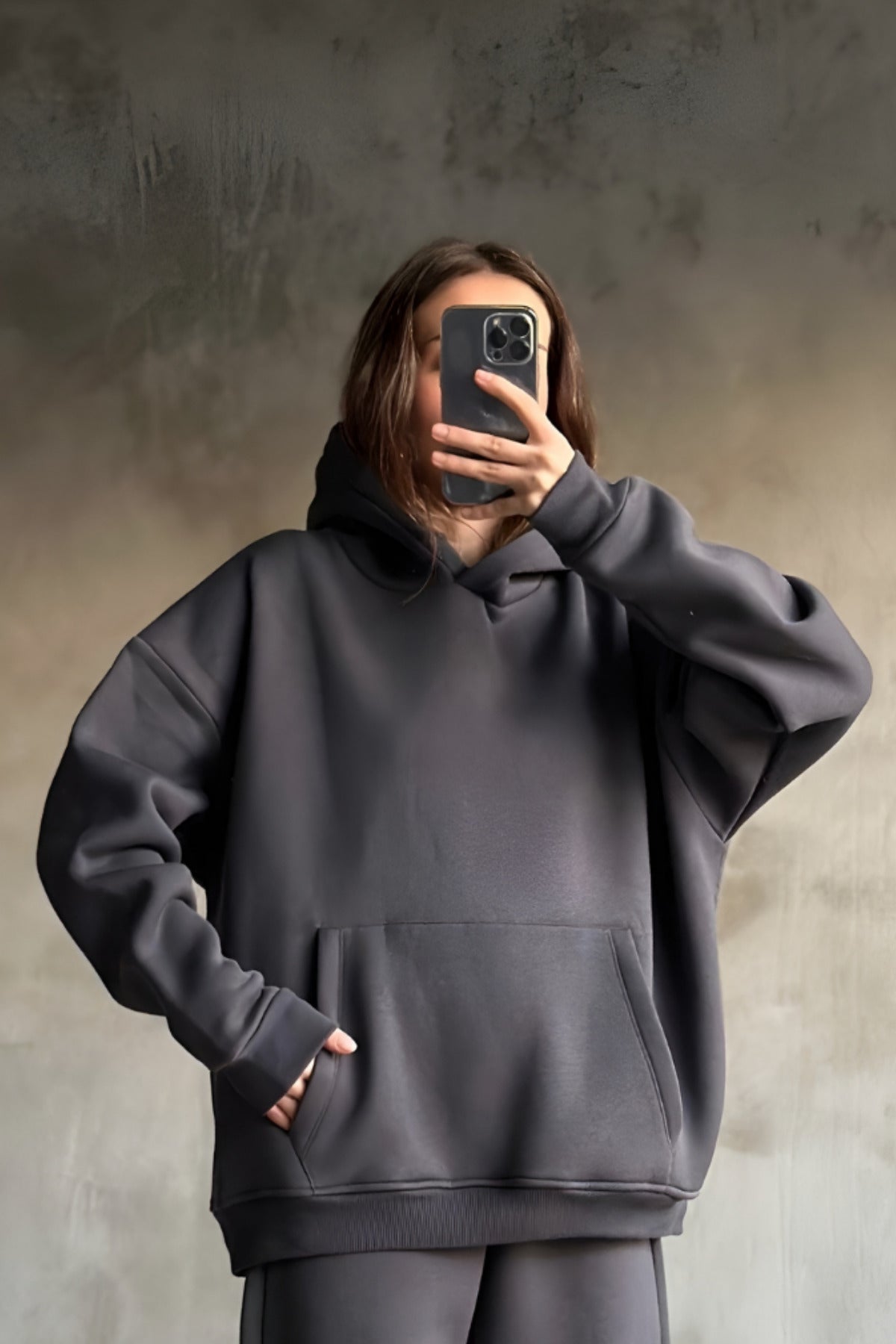 İ̇çi Pamuklu Bol Kalıp Sweatshirt - Füme - 1
