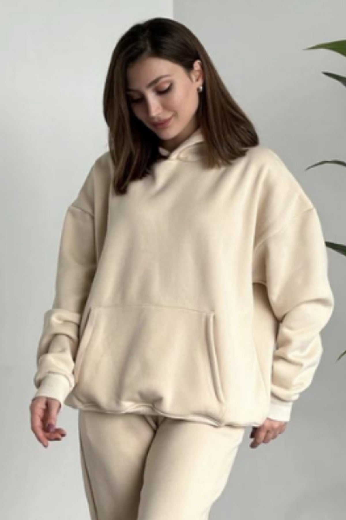 Kadın Kalın Mevsimlik Günlük Ve Spor Oversize Sweatshirt - Bej - 1