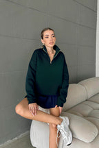 Unisex 3 İ̇plik Şardonlu Oversize Yarım Fermuarlı Sweatshirt - Koyu Yeşil - 2