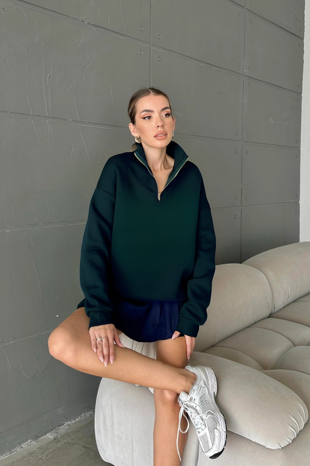 Unisex 3 İ̇plik Şardonlu Oversize Yarım Fermuarlı Sweatshirt - Koyu Yeşil - 2