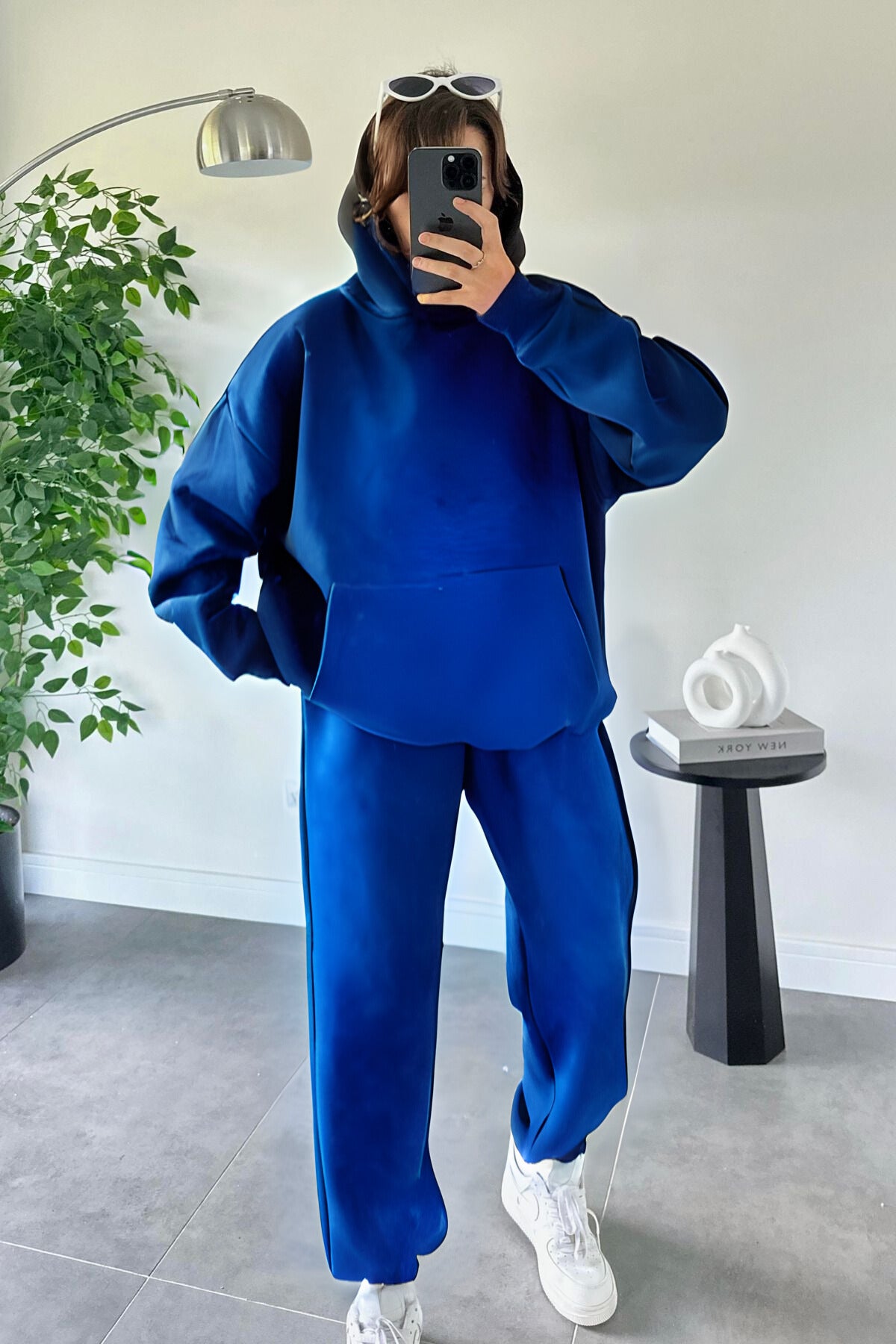Kadın Oversize Trend Model Kanguru Cep Kapşonlu Sweatshirt Eşofman Takımı - Saks Mavisi - 1