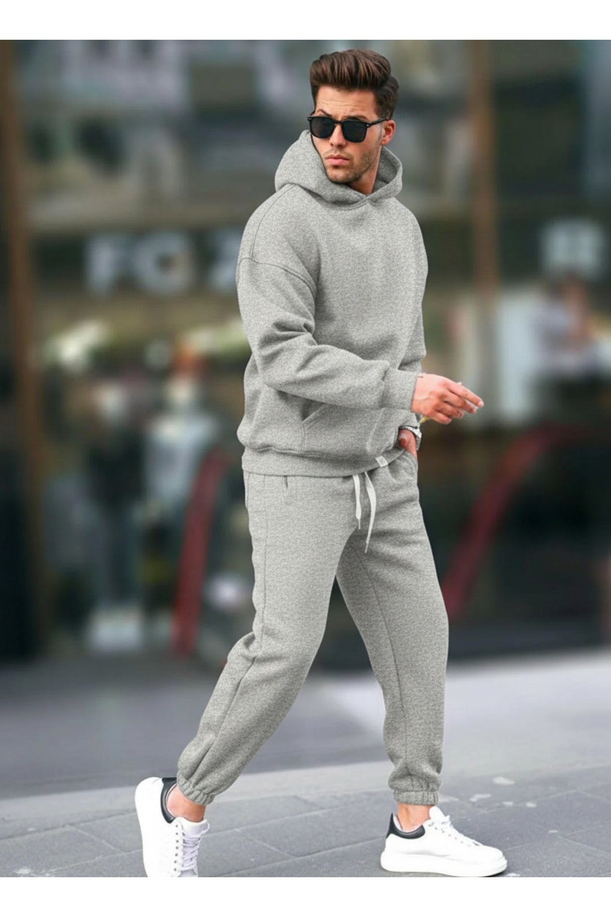 Erkek Geniş Paça Kışlık Cepli Beli Paçası Lastikli Hoodie Rahat Kesim Eşofman Takımı - Gri Melanj - 2