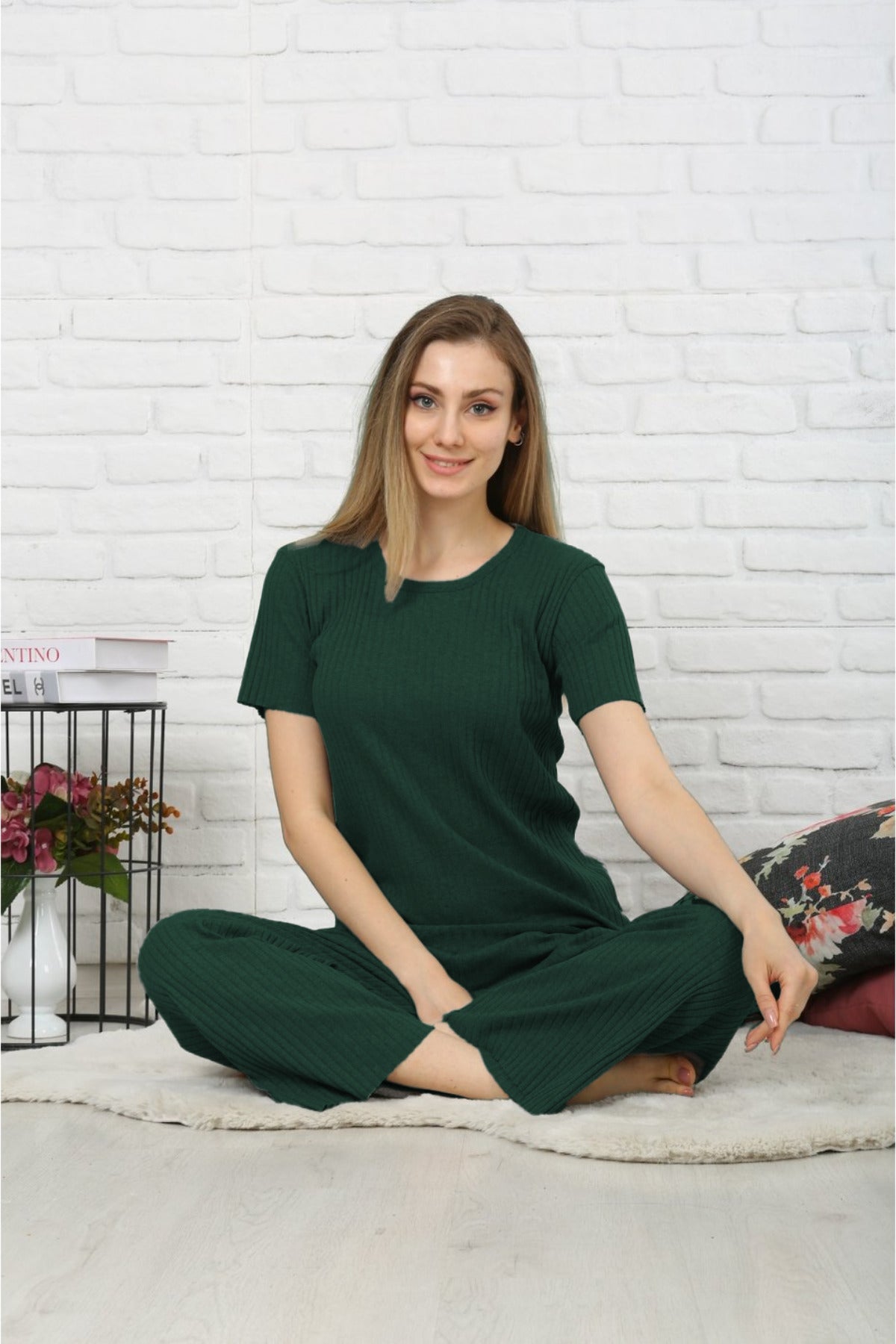 Kadın Yeni Basic Yazlık Kaşkorse Salaş Şık Fitilli Takım - Koyu Yeşil - 2