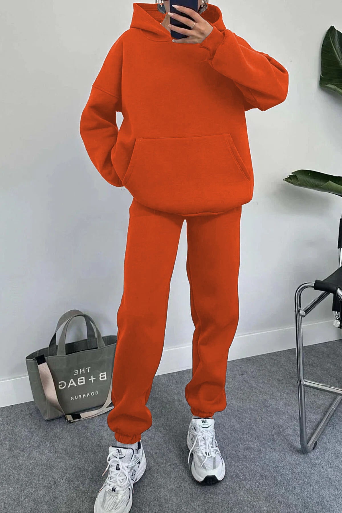 Kadın Oversize Trend Model Kanguru Cep Kapşonlu Sweatshirt Eşofman Takımı - Koyu Turuncu - 2