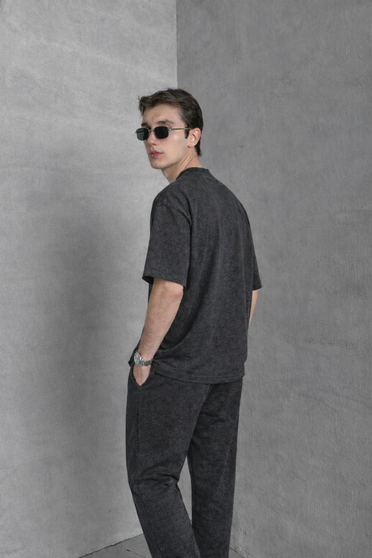 Erkek 2 İ̇pli̇k Oversize Beli̇ Bağlamali Yazlik Kisa Kollu Eşofman Takimi - Antasit Melanj - 3