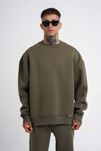 Erkek 3 İ̇plik Kalın Bisiklet Yaka Sweatshirt - Haki - 1