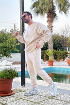 Erkek Unisex 3 İ̇plik Krem Takim Bisiklet Yaka Sweatshirt Ve Eşofman Altı - Bej - 1
