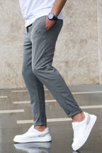 Erkek Beli Lastikli Likralı Duble Tarz Jogger Kumaş Pantolon - Gri - 3