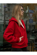 Kadin Oversi̇ze Kapüşonlu Fermuarli Hirka Sweatshirt - Kırmızı - 2