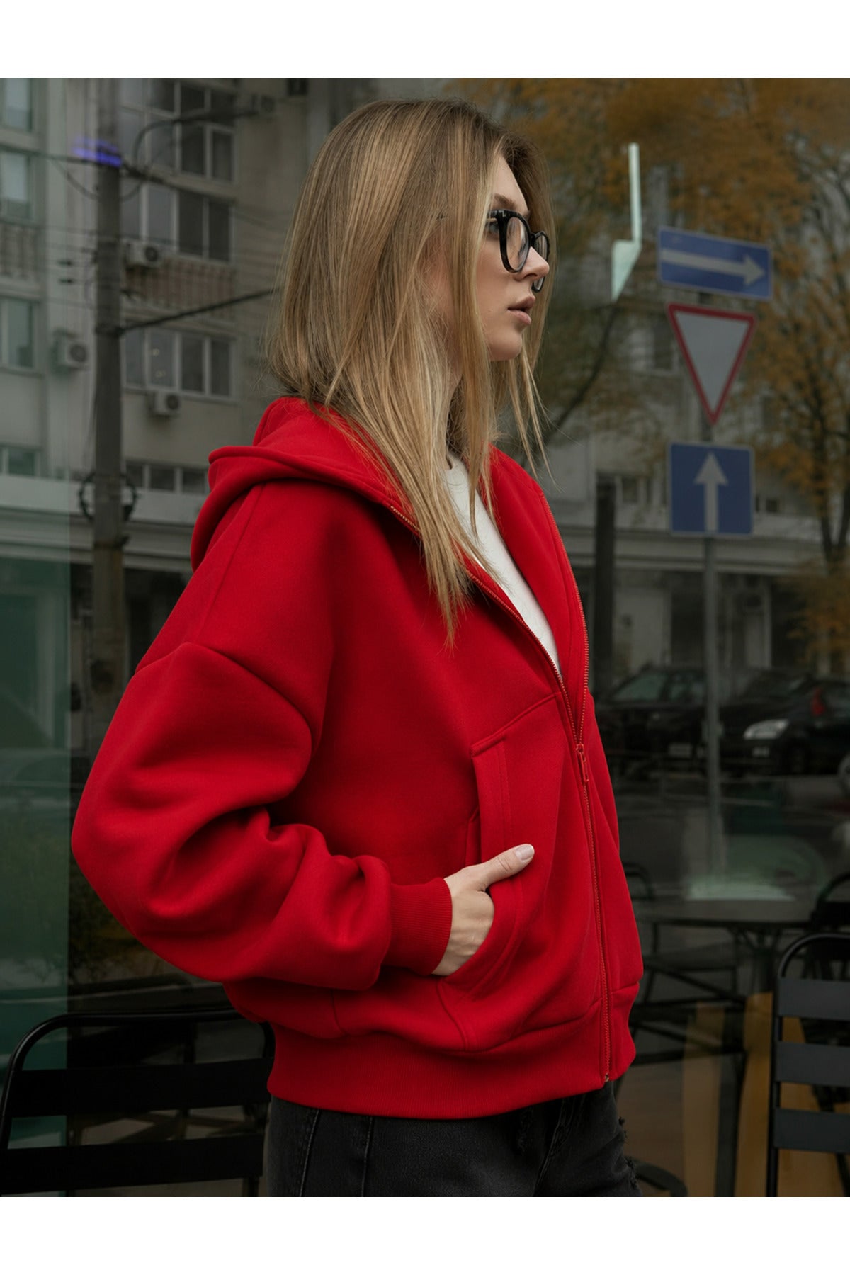 Kadin Oversi̇ze Kapüşonlu Fermuarli Hirka Sweatshirt - Kırmızı - 2