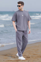 Erkek Füme Rahat Kısa Kollu T-shirt Ve Pijama Takımı - Füme - 2