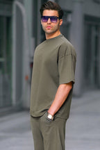 Erkek Oversize Penye Nefes Alan T-shirt - Haki - 2
