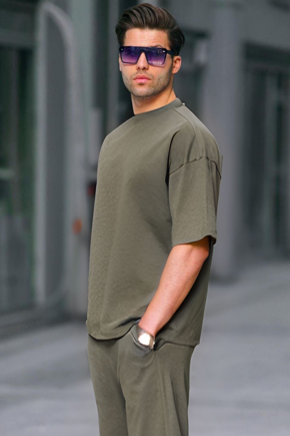 Erkek Oversize Penye Nefes Alan T-shirt - Haki - 2