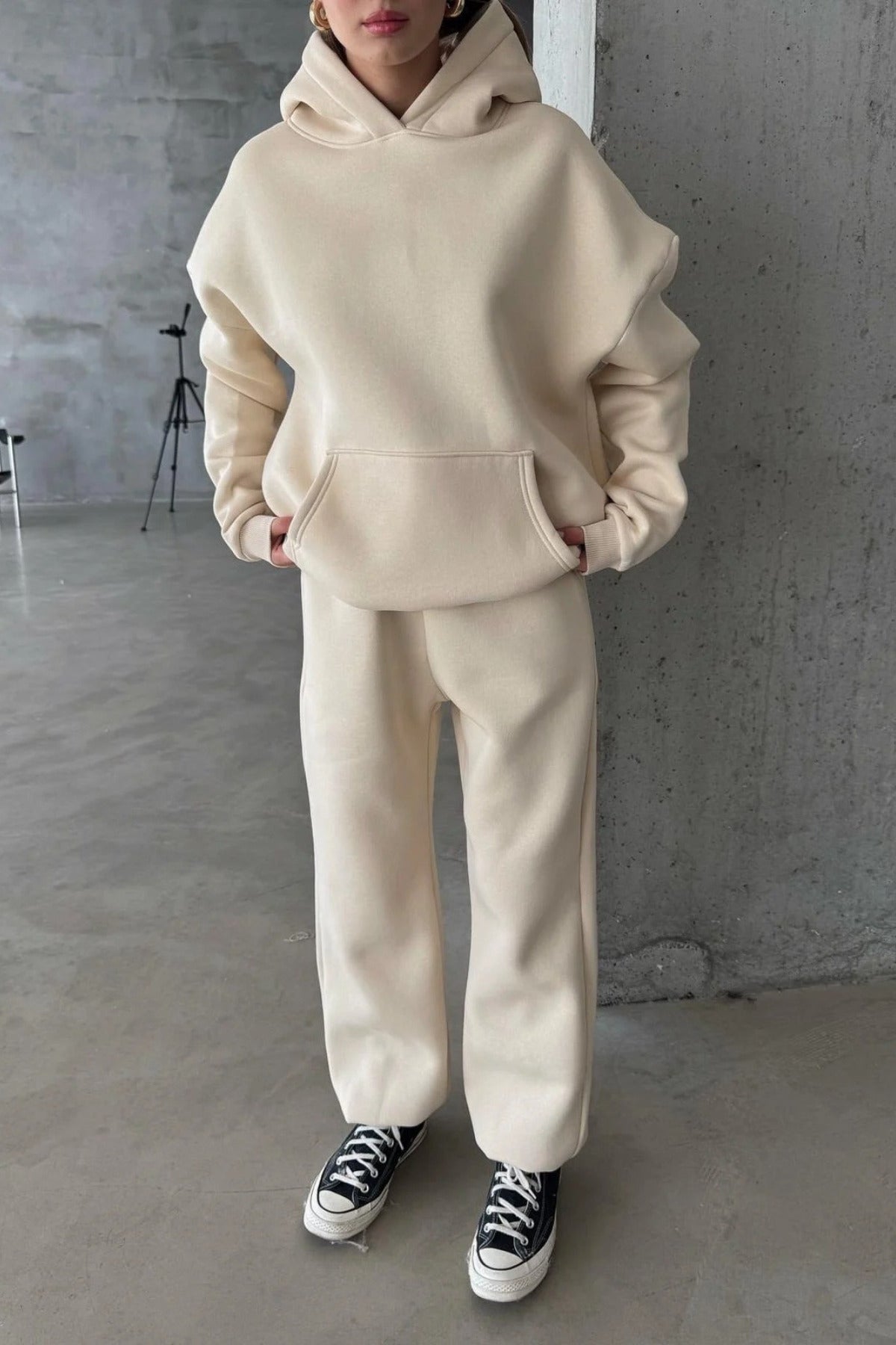 Kadın Paçası Lastikli Jogger Oversize Kışlık Eşofman Takımı - Vizon - 3