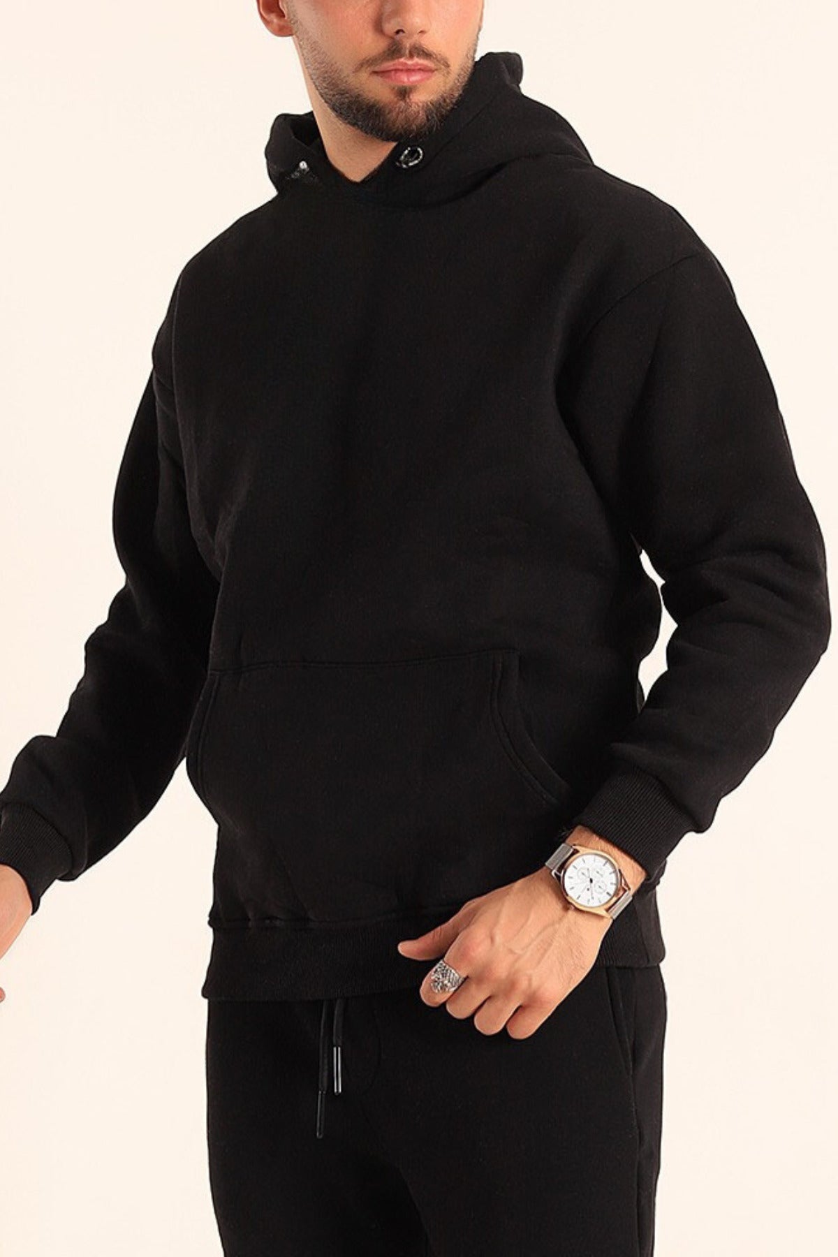 Erkek Rahat Kalın Pamuklu Kışlık Sweatshirt - Siyah - 2