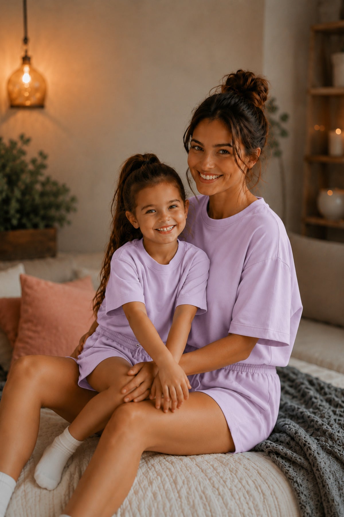Anne Çocuk Kisa Kollu Oversize Esnek Rahat Beli̇ Bağcikli Modern Kesi̇m Trend Yazlik Günlük Alt Üst Takim - Lila - 2