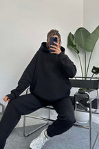 Kadın Oversize Trend Model Kanguru Cep Kapşonlu Sweatshirt Eşofman Takımı - Siyah - 4