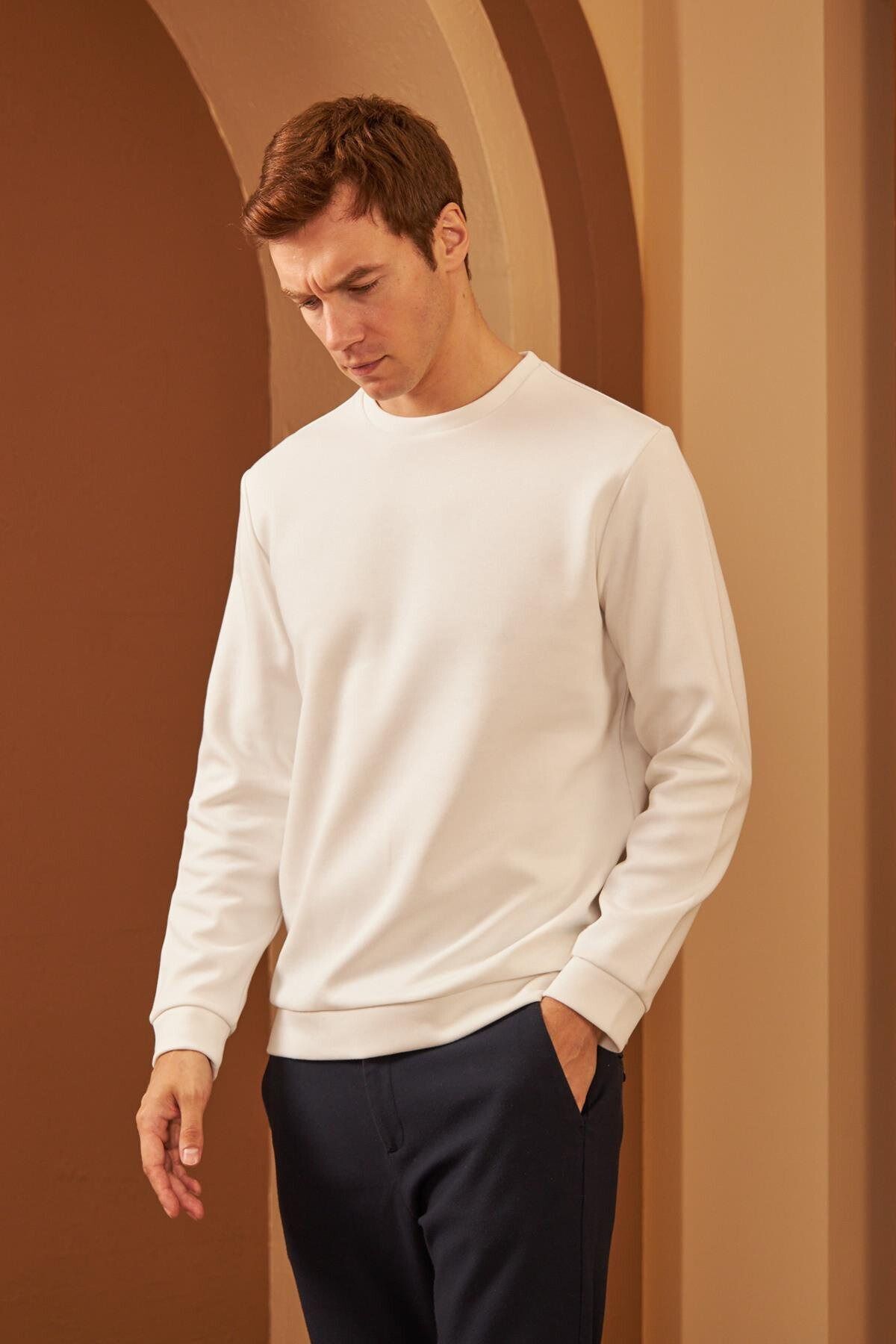 Erkek Bisiklet Yaka Uzun Kollu Oversize Sweatshirt - Beyaz - 3
