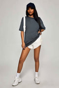 Kadın Oversize Basic Kısa Kollu Bisiklet Yaka Tişört - Füme - 1