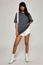 Kadın Oversize Basic Kısa Kollu Bisiklet Yaka Tişört - Füme - 1