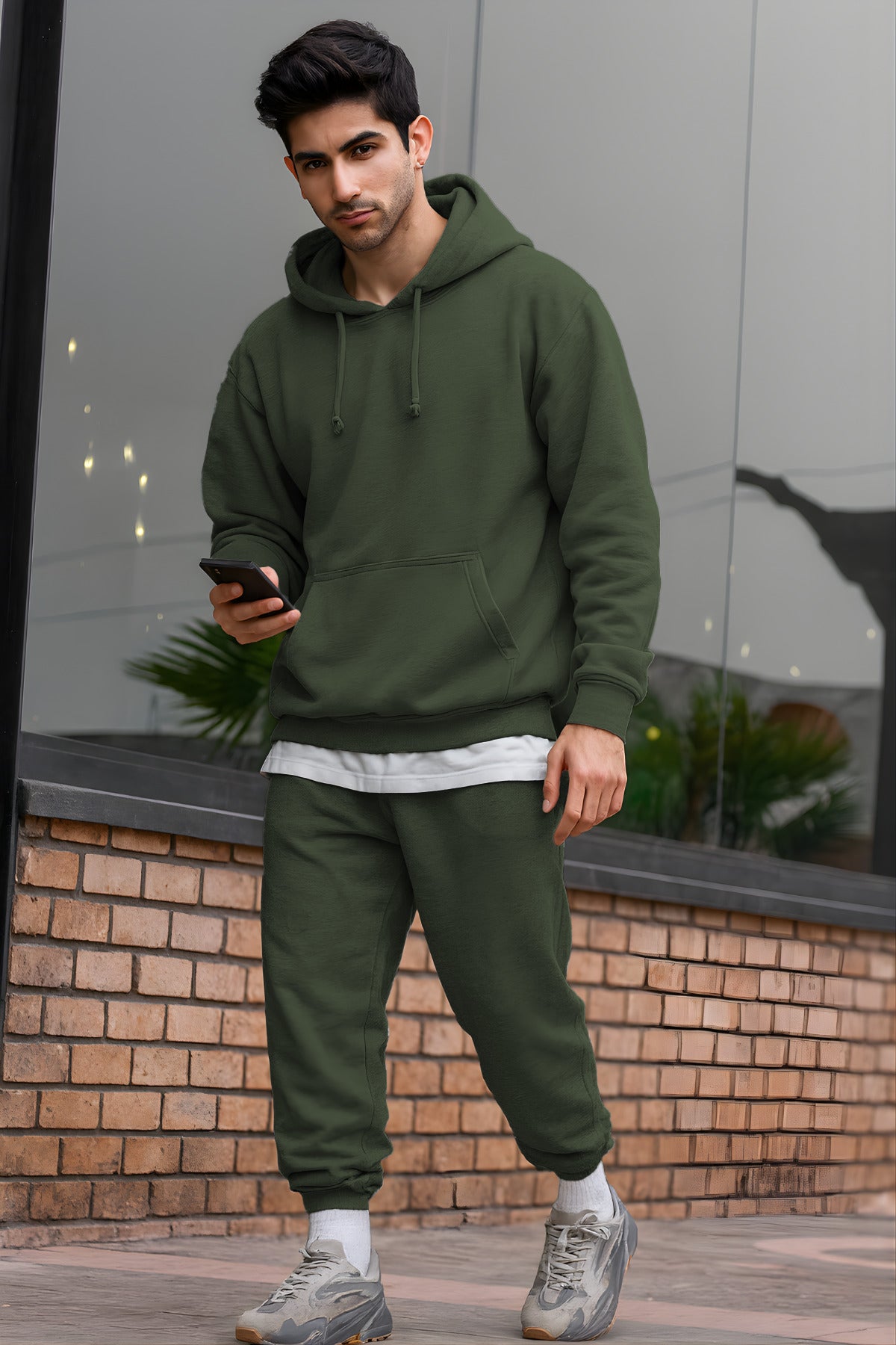Erkek Oversize 3i̇pliki Şardonlu Basic Eşofman Takımı - Haki - 2