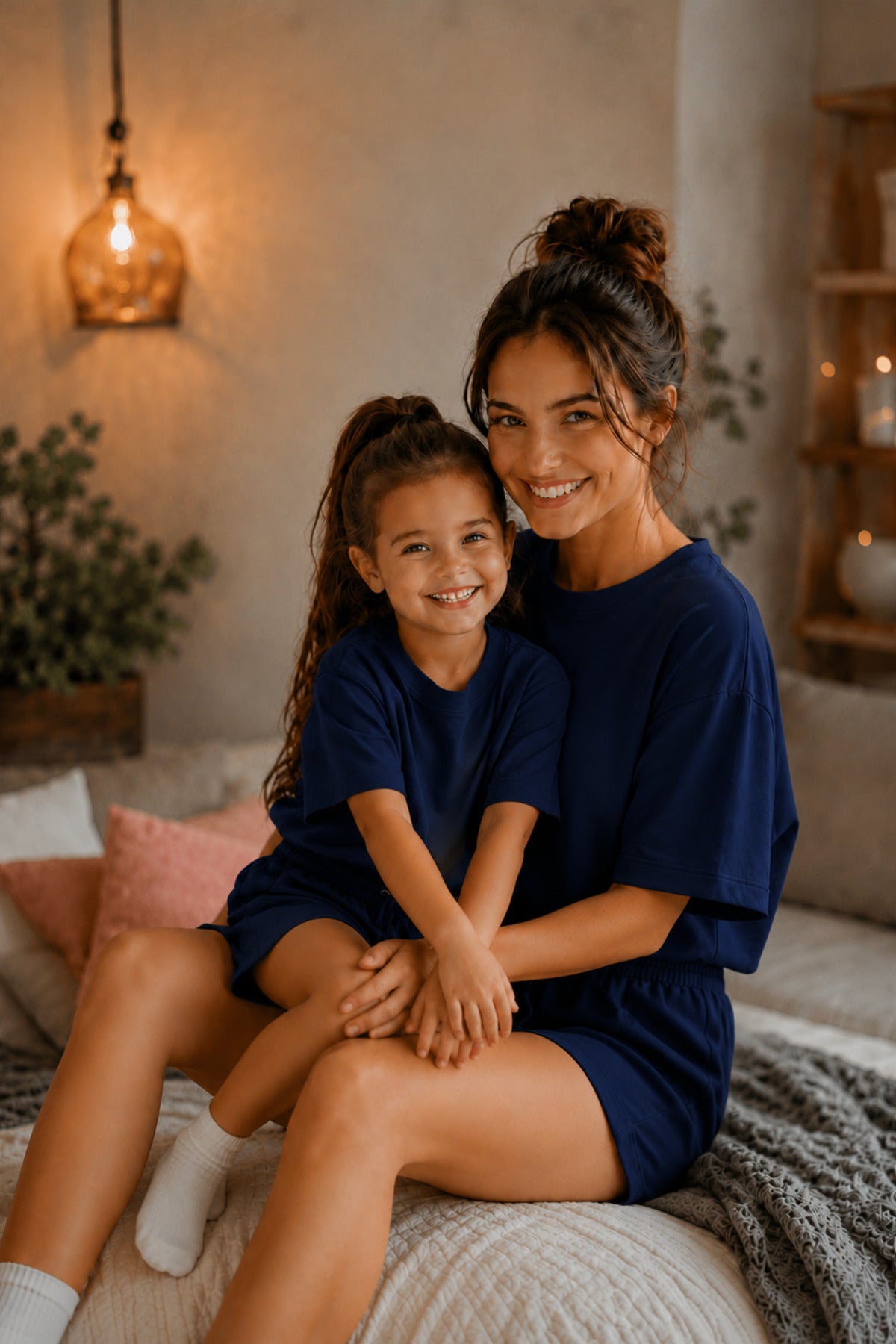 Anne Çocuk Kisa Kollu Oversize Esnek Rahat Beli̇ Bağcikli Modern Kesi̇m Trend Yazlik Günlük Alt Üst Takim - Lacivert - 2