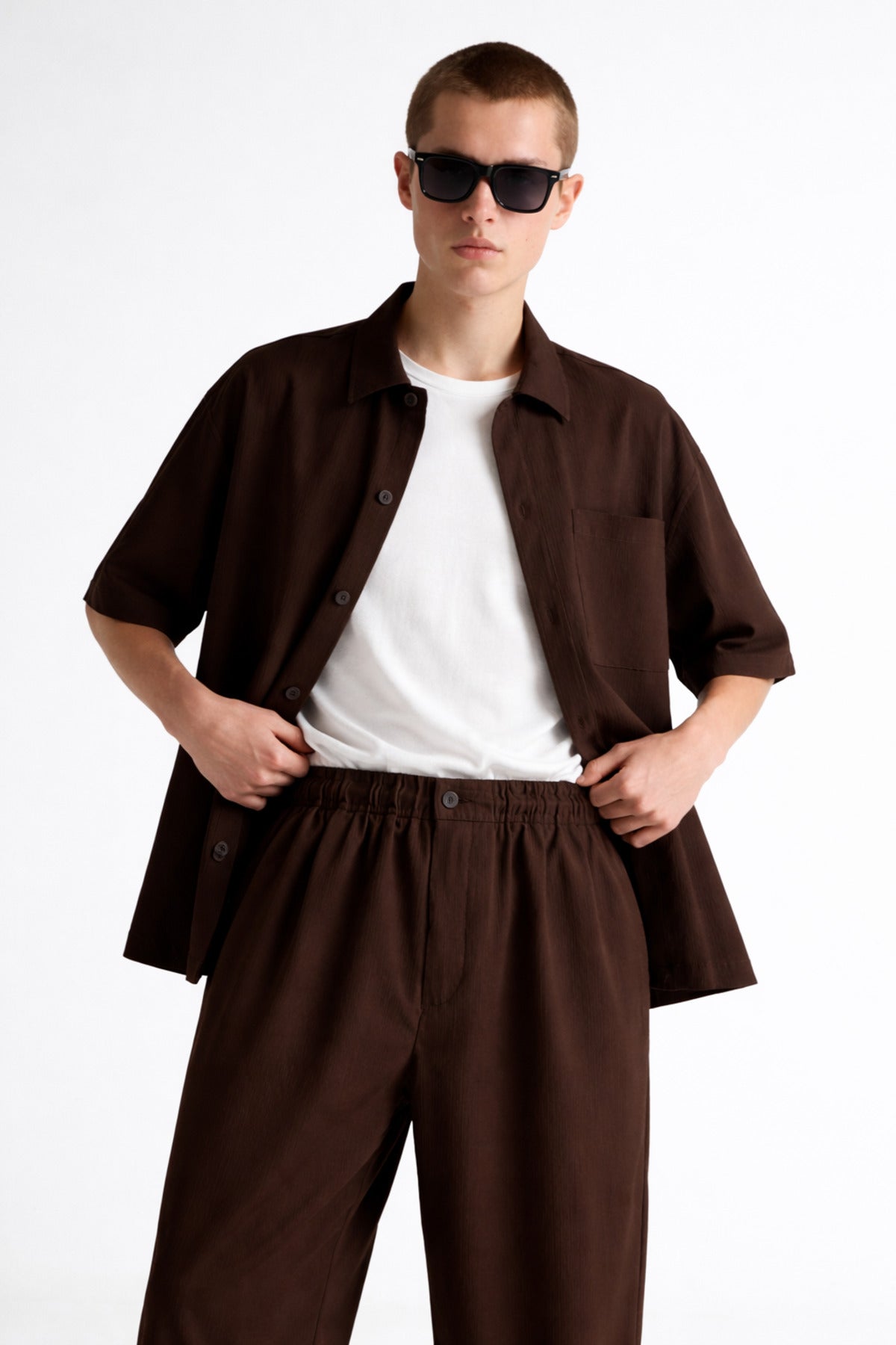 Erkek Lastikli Bel Kumaş Baggy Pantolon - Kahverengi - 2
