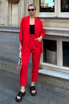 Kadın Dökümlü Bürümcük Yazlık Palazzo Trend Kimono Takım - Kırmızı - 5