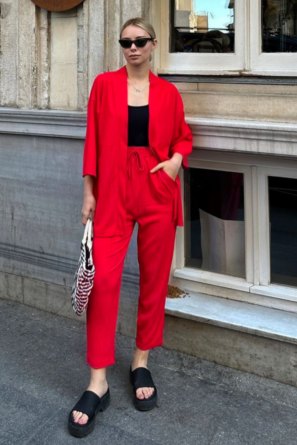 Kadın Dökümlü Bürümcük Yazlık Palazzo Trend Kimono Takım - Kırmızı - 5