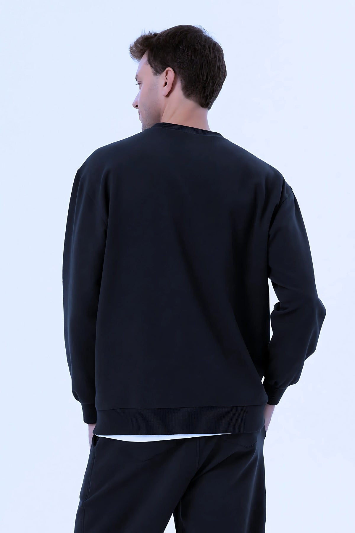 Erkek Oversize 3 İ̇plik İ̇çi Pamuklu Uzun Kollu Bisiklet Yaka Kazak - Lacivert - 2