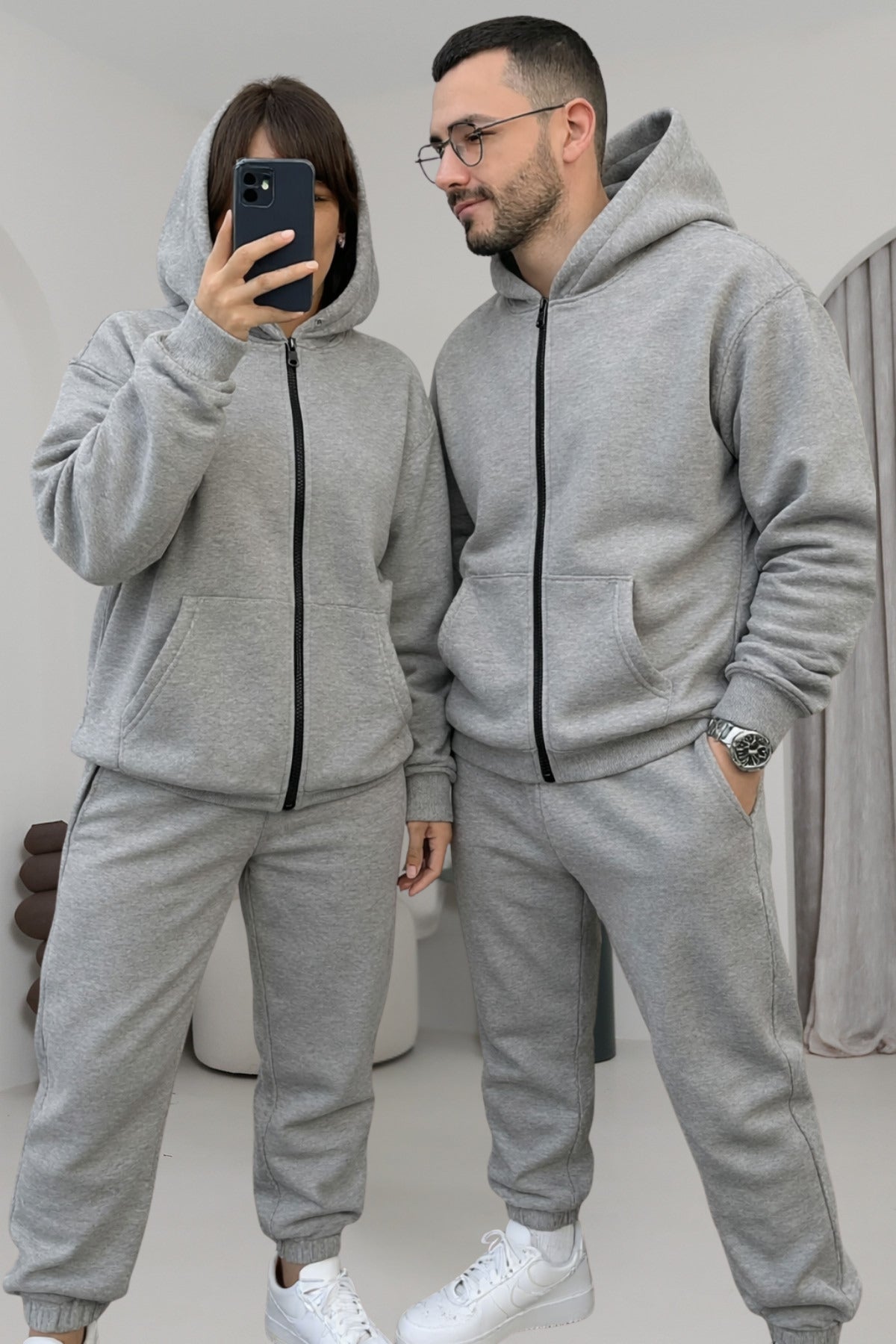 Çiftlere Özel Basic Oversize Kapşonlu Eşofman Takımı - Gri Melanj - 1