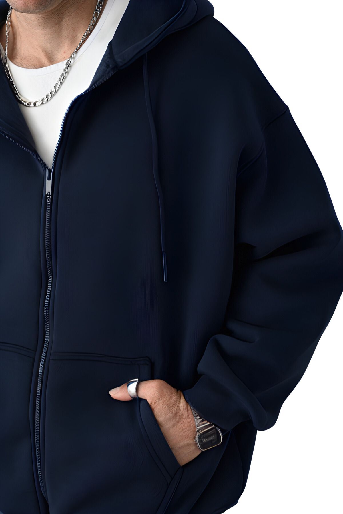 Erkek Basic Laci̇vert Unisex Tam Fermuar Sweatshirt Hırka - Lacivert - 4