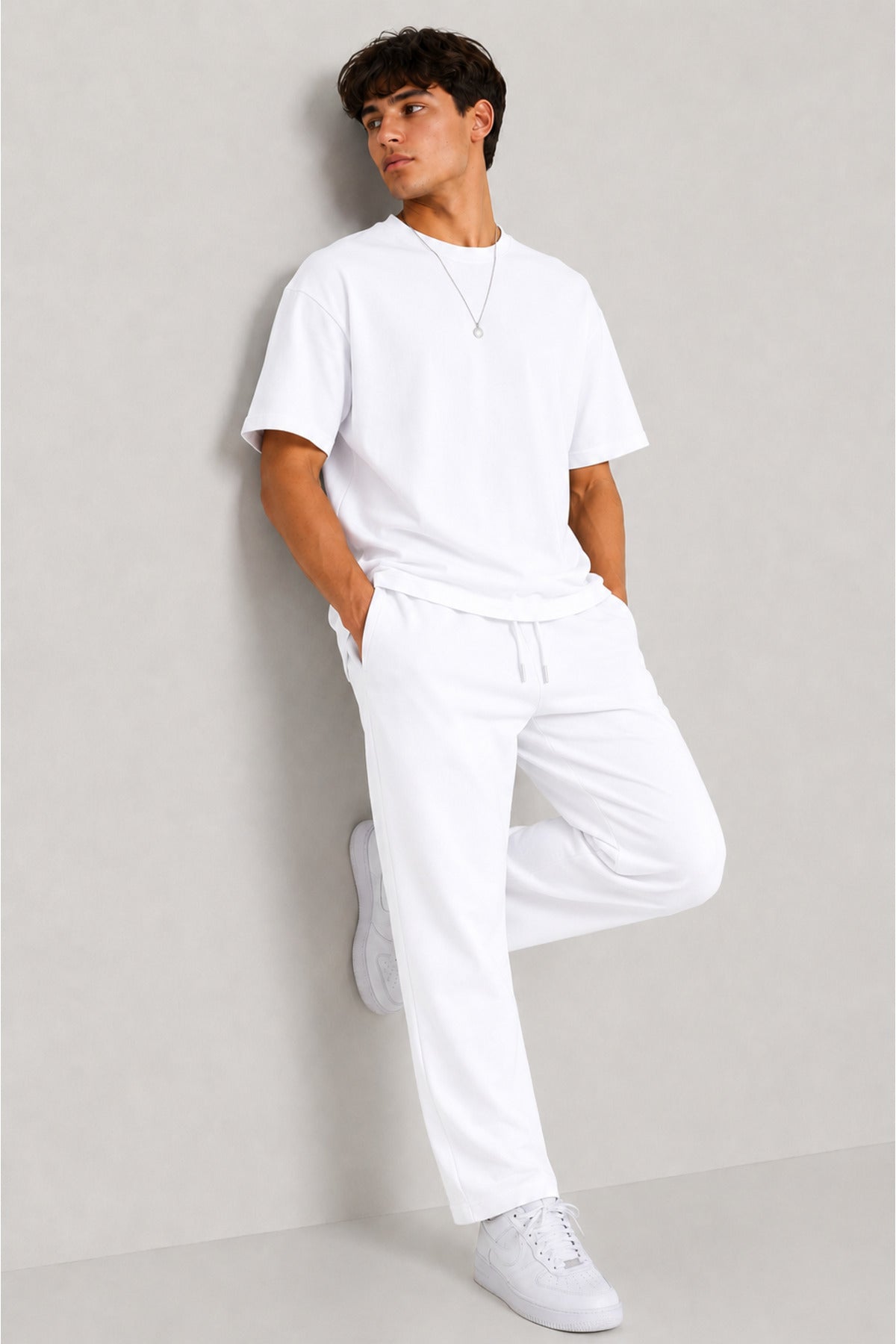 Erkek 2 İ̇plik Oversize Basic Bisiklet Yaka Rahat Kalıp Günlük Eşofman Takımı - Beyaz - 4